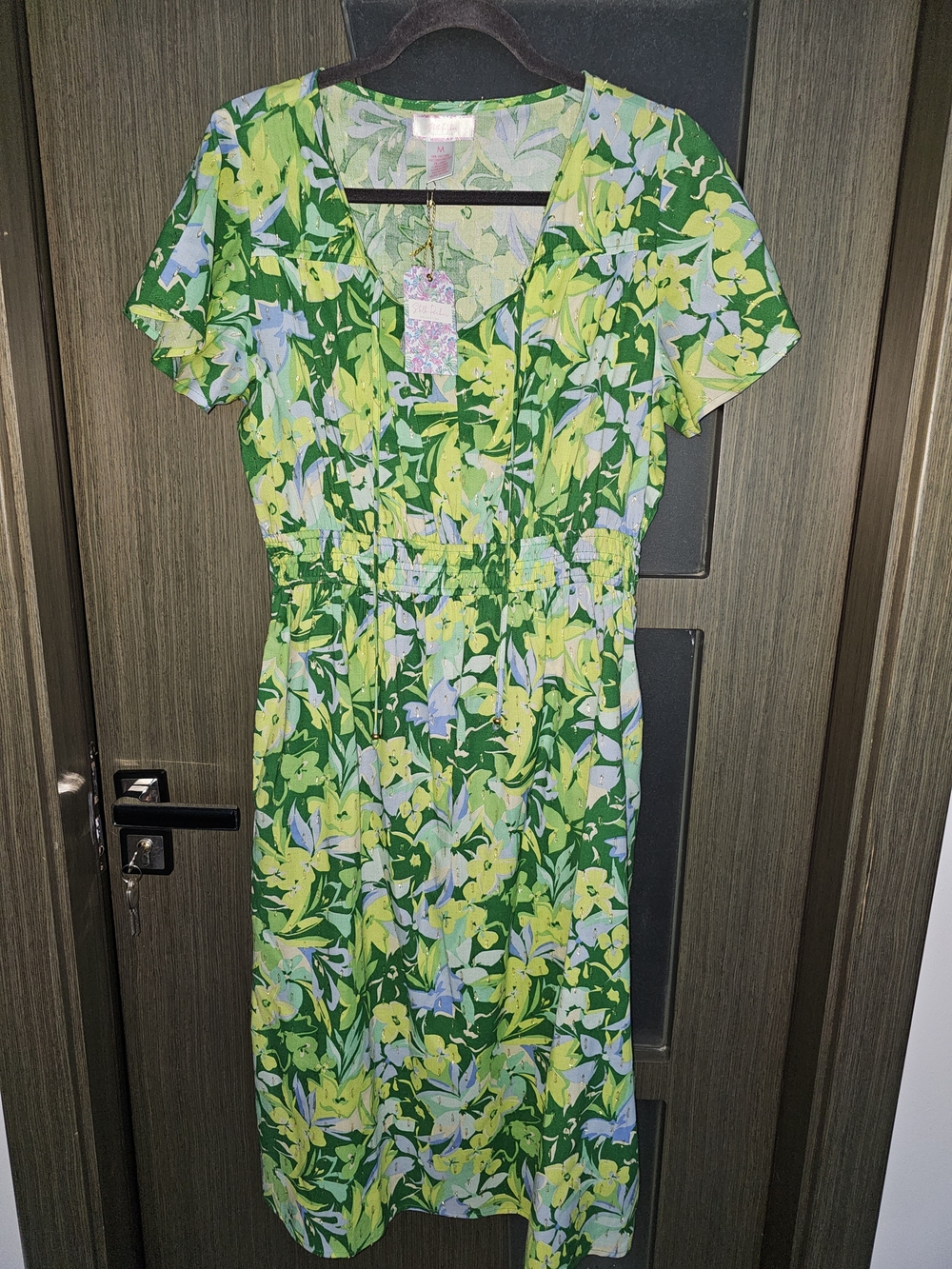 Stella Parker Green Yellow Floral Summer V-Neck Midi Dress Size M